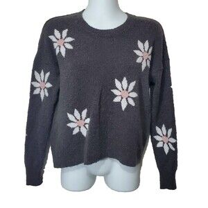 Madewell Sweater XS Gray Floral Intarsia Pullover Merino Wool Blend Lightweight